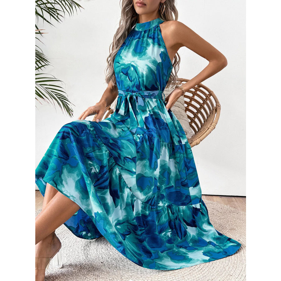 Floral Tie-Waist Tiered Midi Dress Blue / S Apparel and Accessories