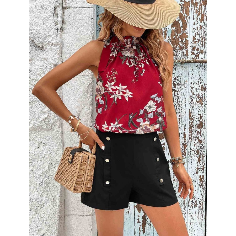 Floral Tied Mock Neck Sleeveless Top and Buttoned Shorts Set Deep Red / S