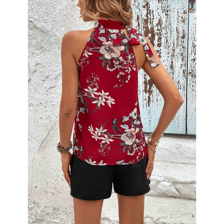 Floral Tied Mock Neck Sleeveless Top and Buttoned Shorts Set Deep Red / S