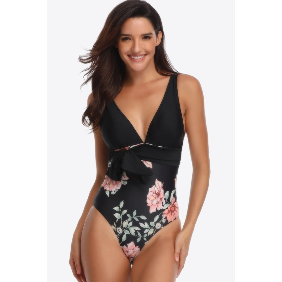 Floral Tied One-Piece Swimsuit Black / S
