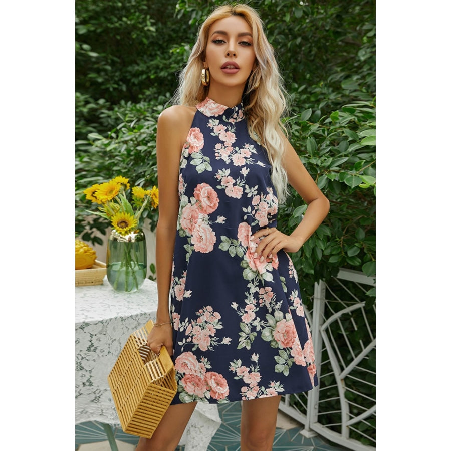 Floral Tied Sleeveless Grecian Neck Mini Dress