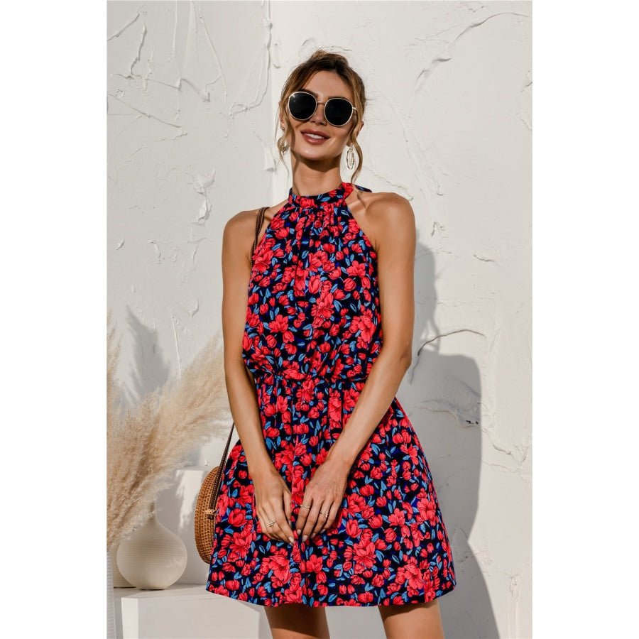 Floral Tied Sleeveless Mini Dress Dark Navy / S