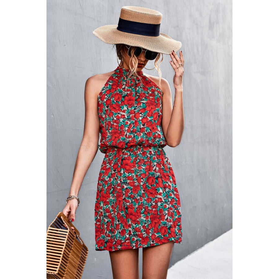 Floral Tied Sleeveless Mini Dress Deep Red / S