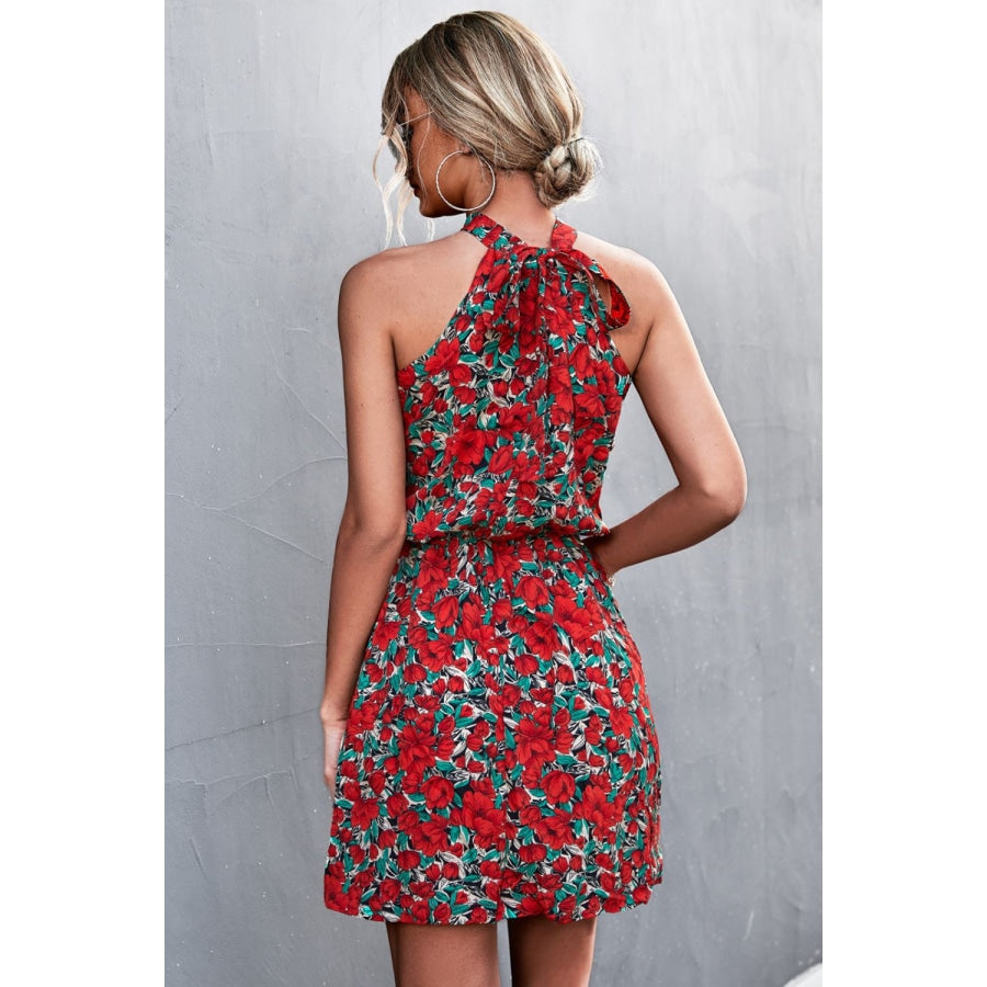 Floral Tied Sleeveless Mini Dress Deep Red / S