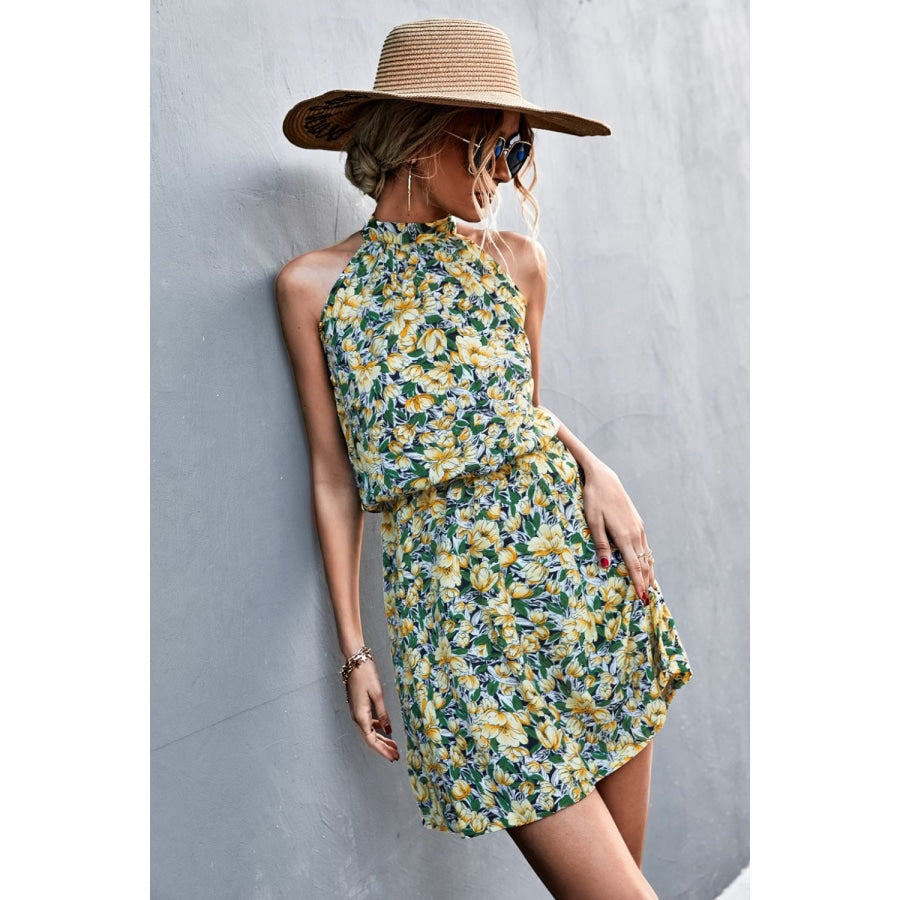 Floral Tied Sleeveless Mini Dress Yellow Green / S