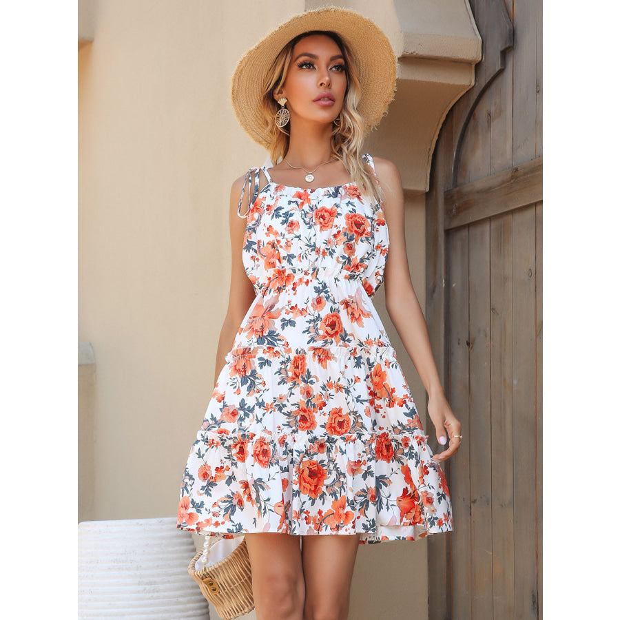 Floral Tiered Spaghetti Strap Dress White / S Apparel and Accessories