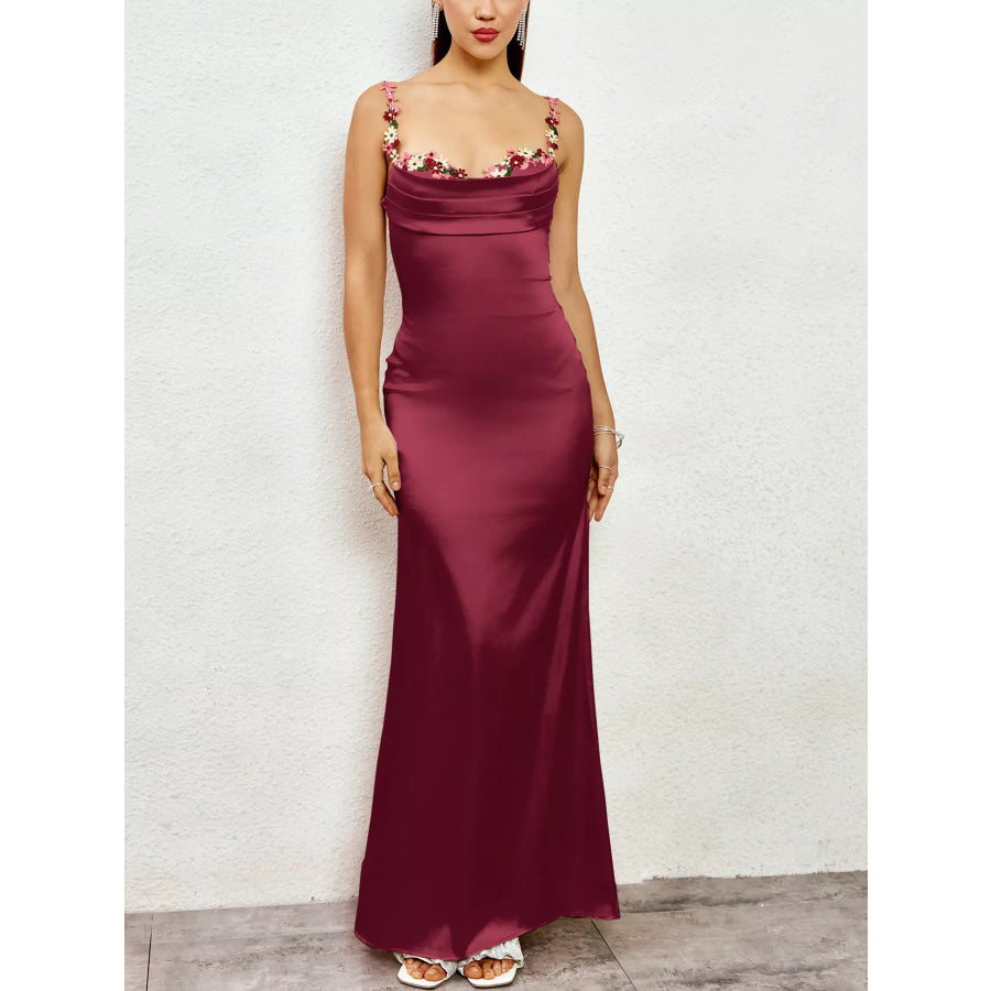Floral Trim Satin Maxi Dress Apparel and Accessories
