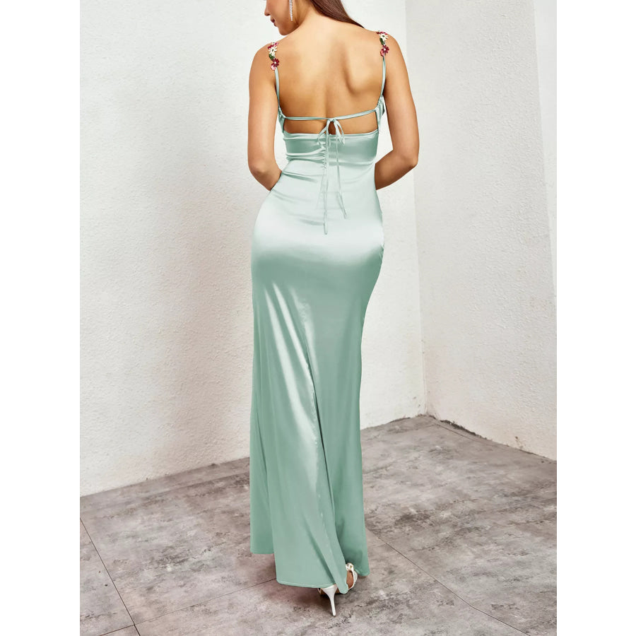 Floral Trim Satin Maxi Dress Apparel and Accessories