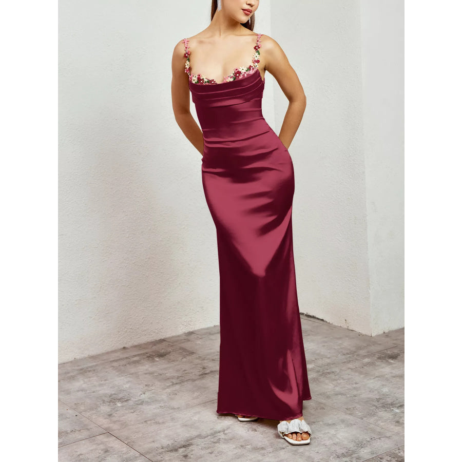 Floral Trim Satin Maxi Dress Apparel and Accessories