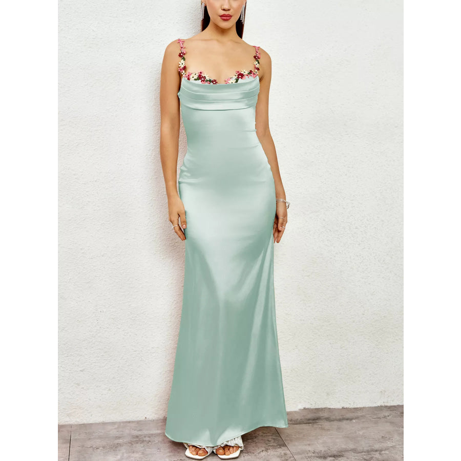 Floral Trim Satin Maxi Dress Apparel and Accessories