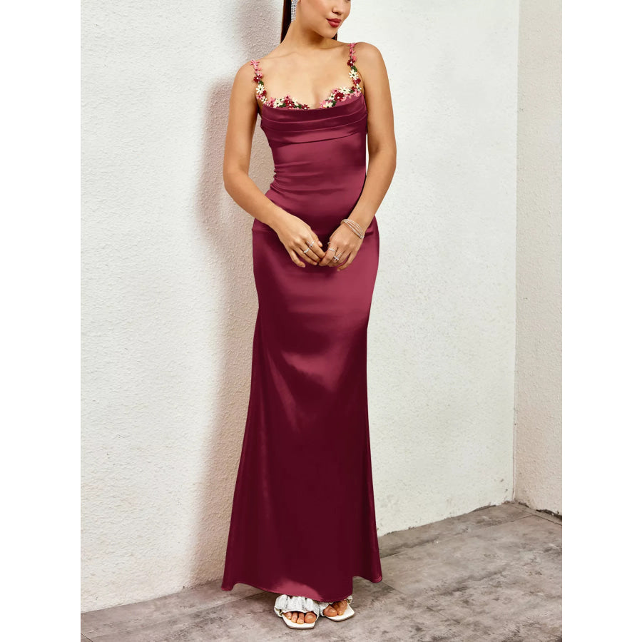Floral Trim Satin Maxi Dress Wine Red / XS Apparel and Accessories