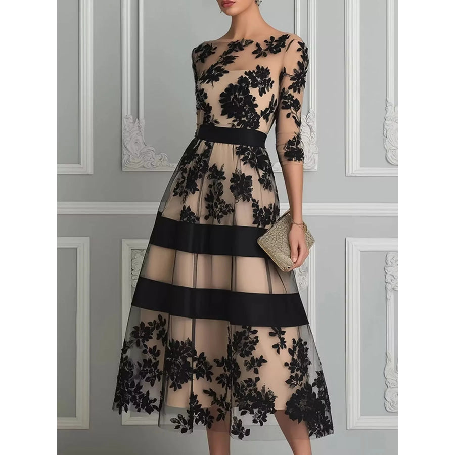 Floral Tulle A-Line Midi Dress Black / S Apparel and Accessories