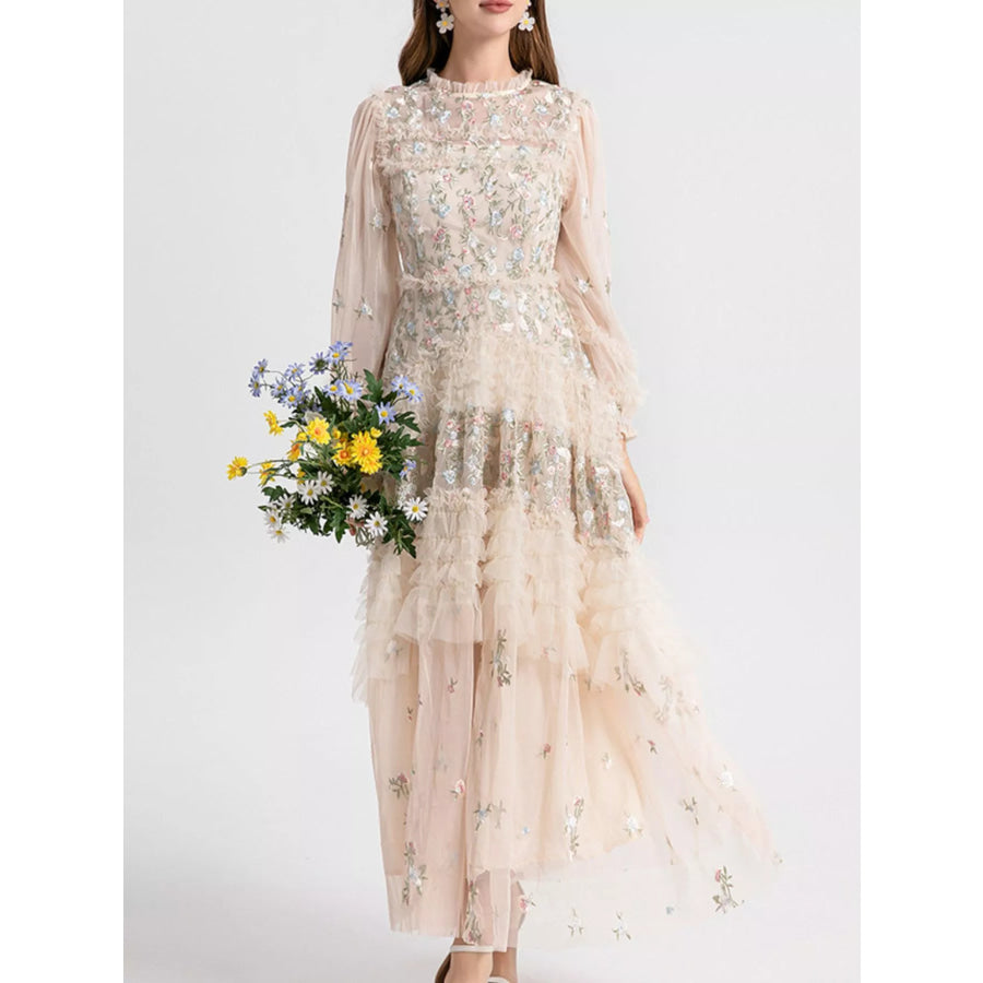 Floral Tulle Layered Maxi Dress Apricot / S Apparel and Accessories