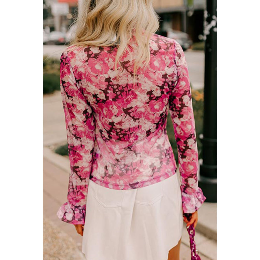 Floral Turtleneck Flounce Sleeve Blouse Apparel and Accessories