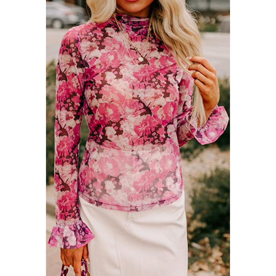 Floral Turtleneck Flounce Sleeve Blouse Pink / S Apparel and Accessories