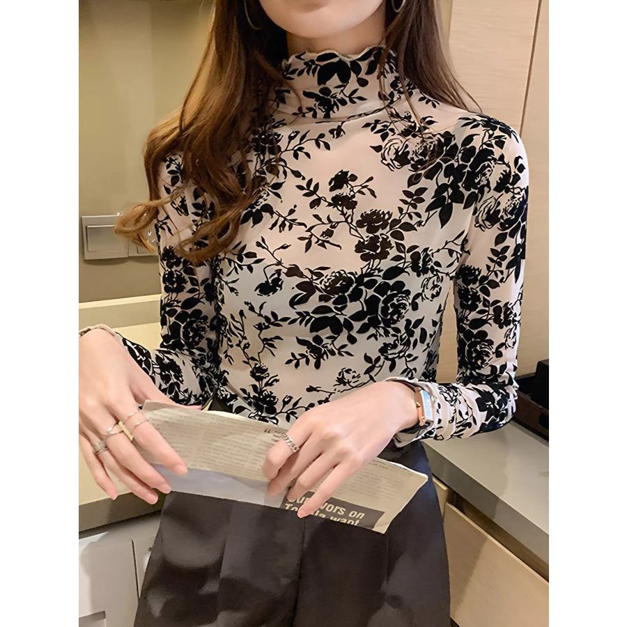 Floral Turtleneck Long Sleeve Top Apricot / M Apparel and Accessories