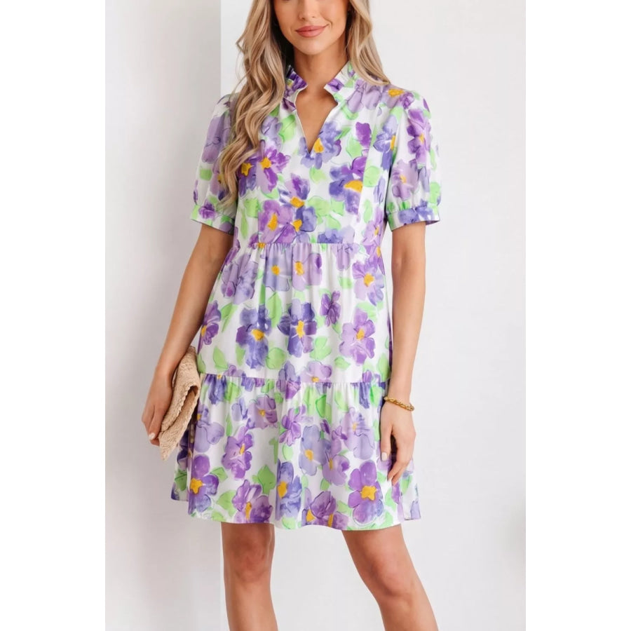 Floral V Collar Short Sleeve Tiered Ruffle Mini Dress Apparel and Accessories