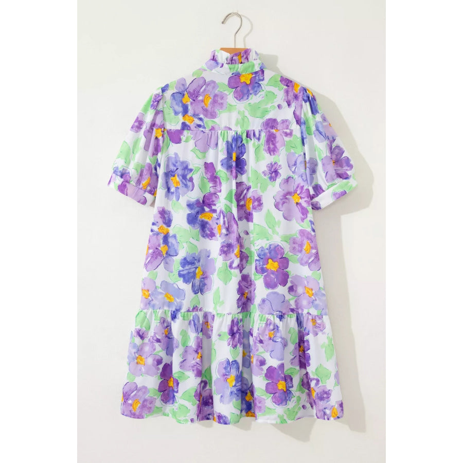 Floral V Collar Short Sleeve Tiered Ruffle Mini Dress Apparel and Accessories