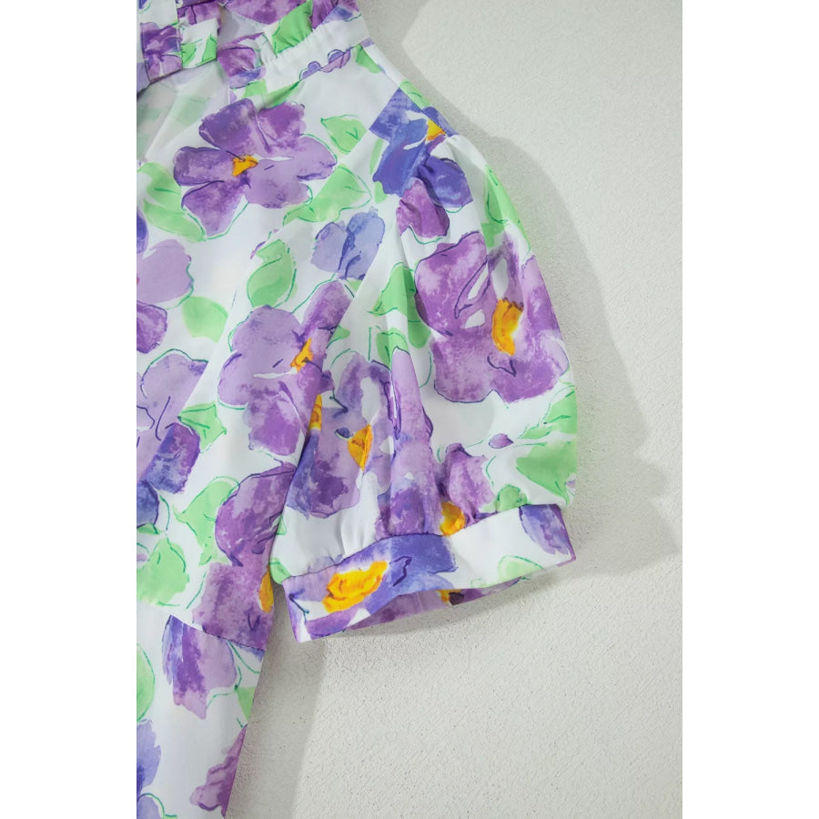 Floral V Collar Short Sleeve Tiered Ruffle Mini Dress Apparel and Accessories