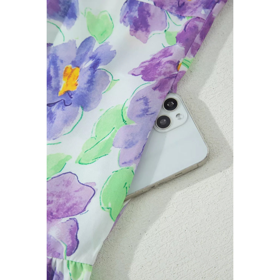 Floral V Collar Short Sleeve Tiered Ruffle Mini Dress Apparel and Accessories