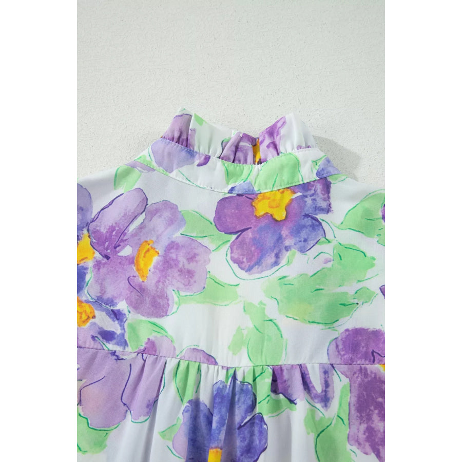 Floral V Collar Short Sleeve Tiered Ruffle Mini Dress Apparel and Accessories
