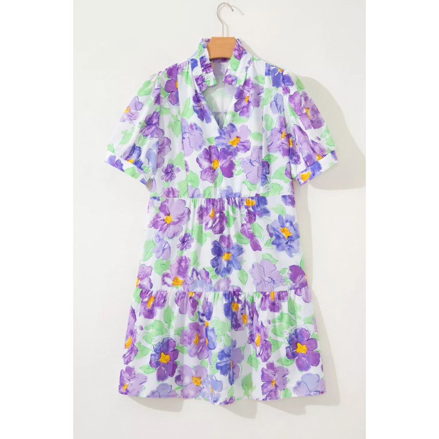 Floral V Collar Short Sleeve Tiered Ruffle Mini Dress Apparel and Accessories