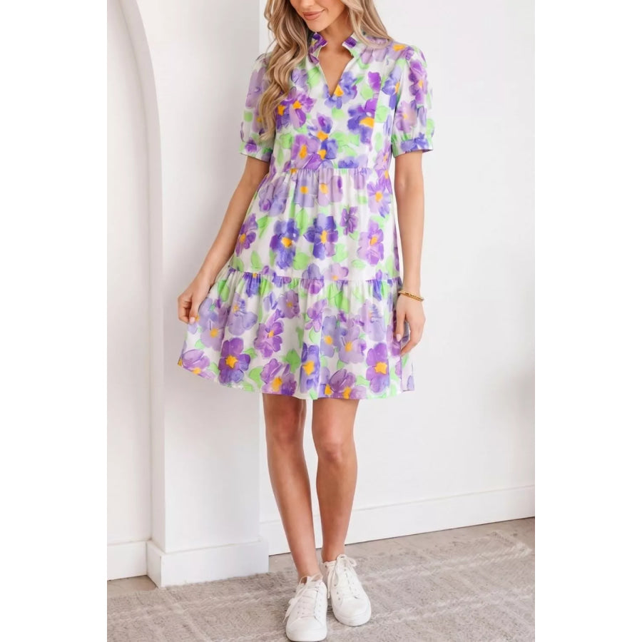 Floral V Collar Short Sleeve Tiered Ruffle Mini Dress Apparel and Accessories