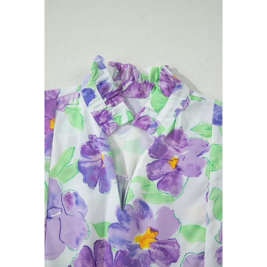 Floral V Collar Short Sleeve Tiered Ruffle Mini Dress Apparel and Accessories
