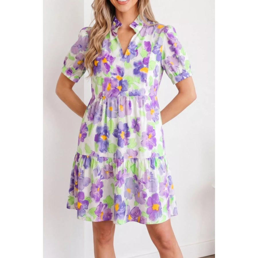 Floral V Collar Short Sleeve Tiered Ruffle Mini Dress Apparel and Accessories