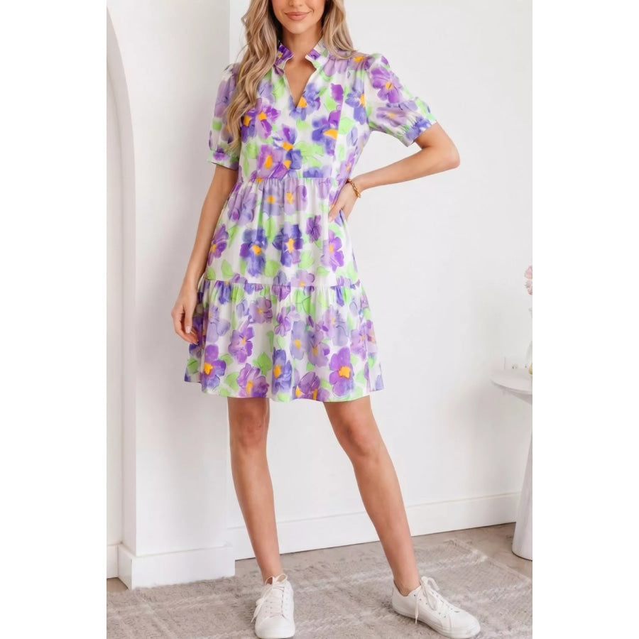 Floral V Collar Short Sleeve Tiered Ruffle Mini Dress Lilac / S Apparel and Accessories