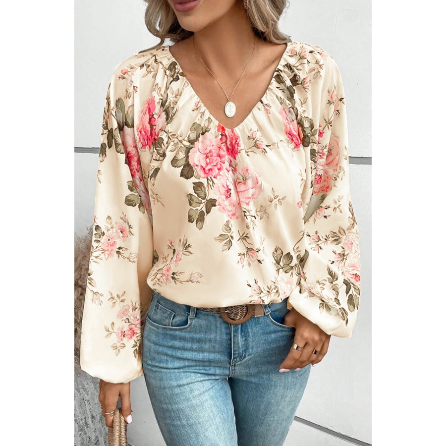 Floral V-Neck Balloon Sleeve Blouse Beige / S