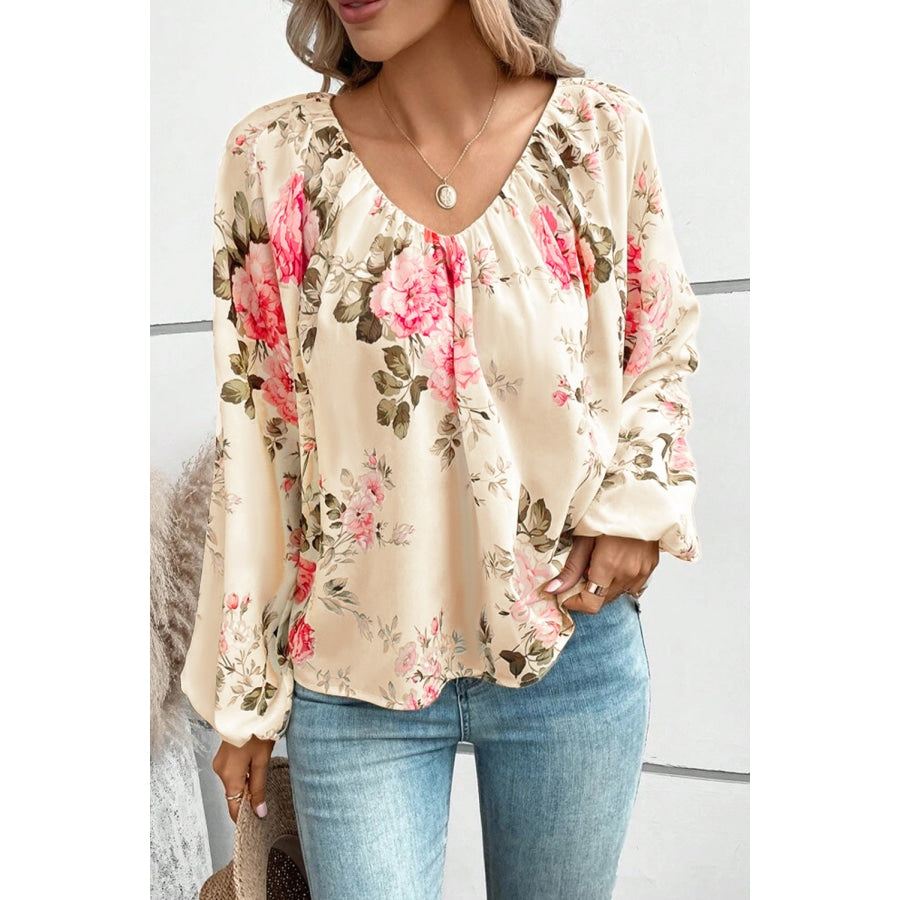 Floral V-Neck Balloon Sleeve Blouse