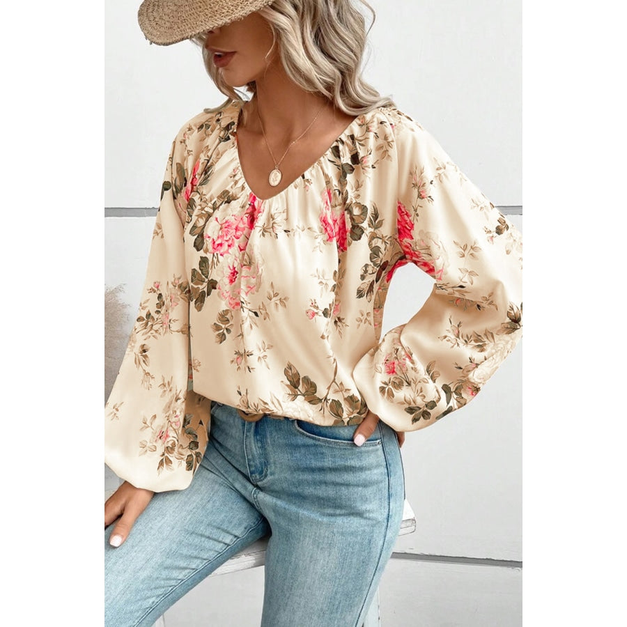 Floral V-Neck Balloon Sleeve Blouse