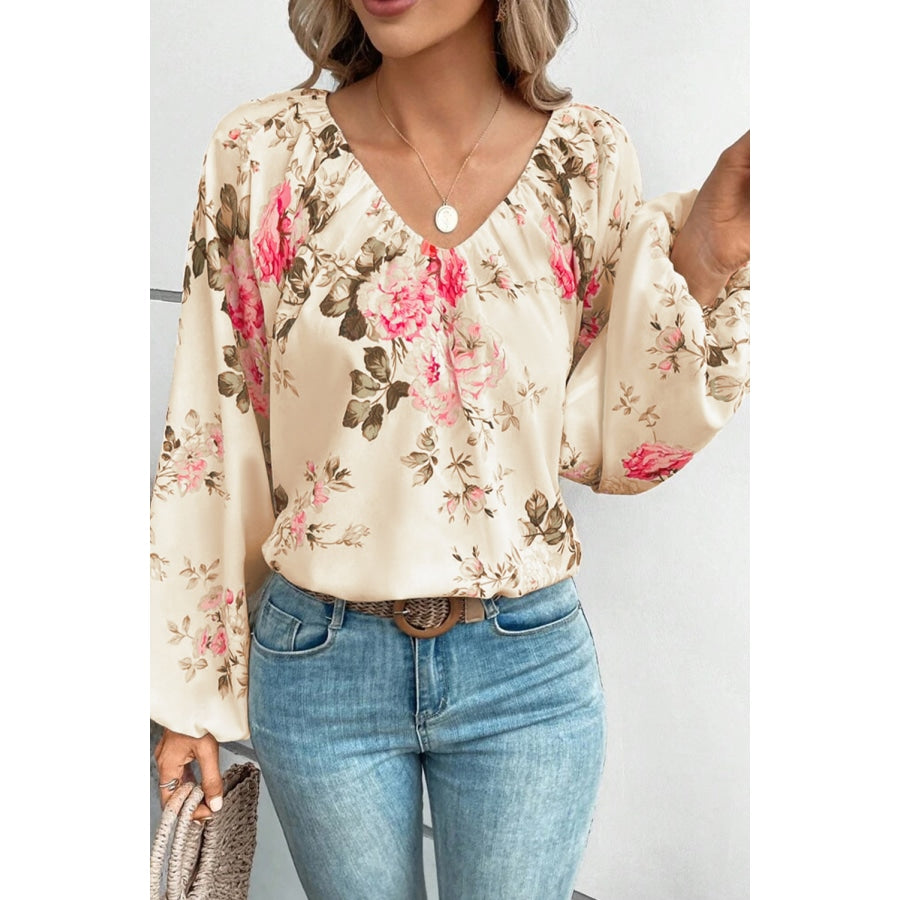 Floral V-Neck Balloon Sleeve Blouse