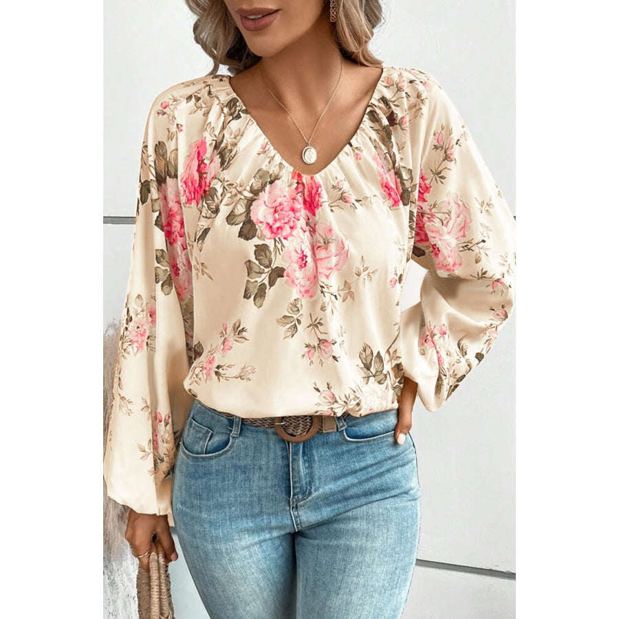 Floral V-Neck Balloon Sleeve Blouse