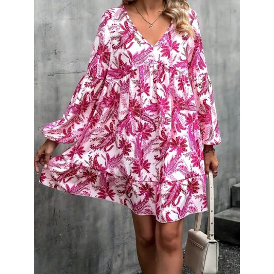 Floral V - Neck Balloon Sleeve Dress Apparel and Accessories