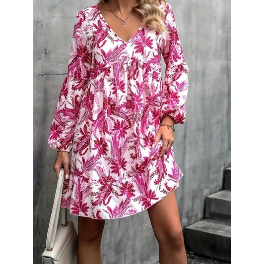 Floral V - Neck Balloon Sleeve Dress Hot Pink / S Apparel and Accessories