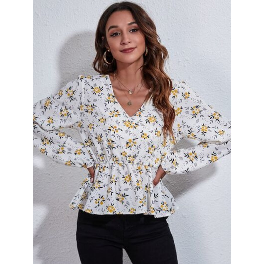 Floral V-Neck Balloon Sleeve Peplum Blouse Clothing