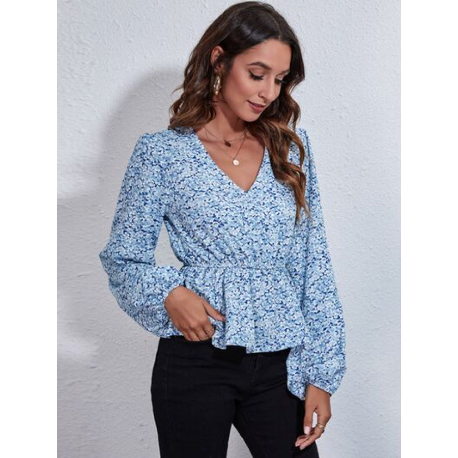 Floral V - Neck Balloon Sleeve Peplum Blouse Clothing