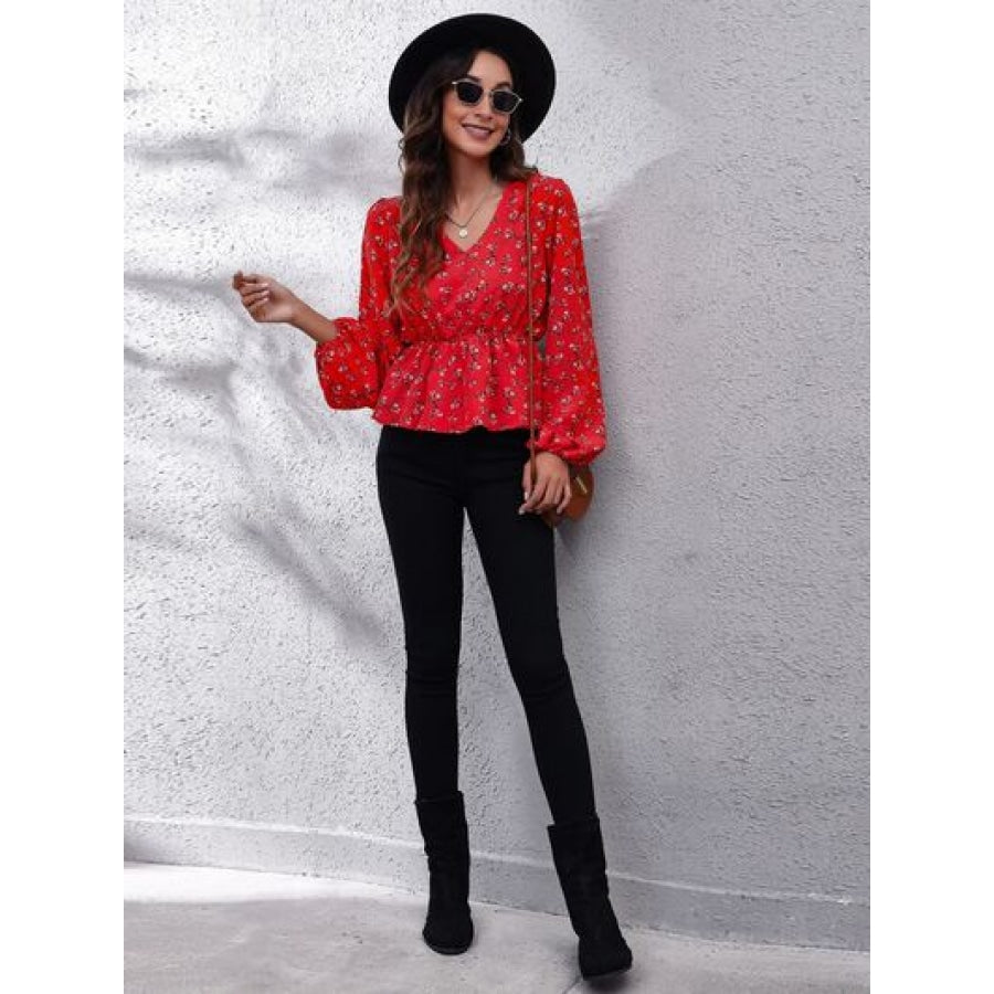 Floral V-Neck Balloon Sleeve Peplum Blouse Clothing