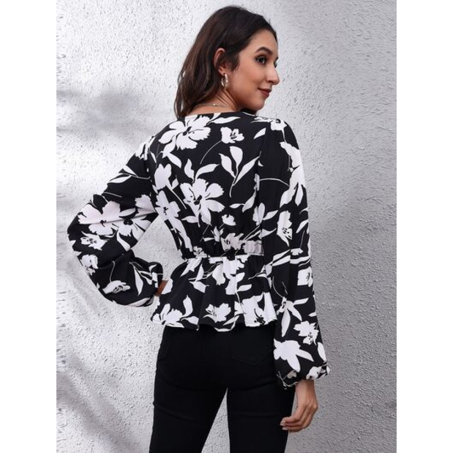 Floral V-Neck Balloon Sleeve Peplum Blouse Clothing