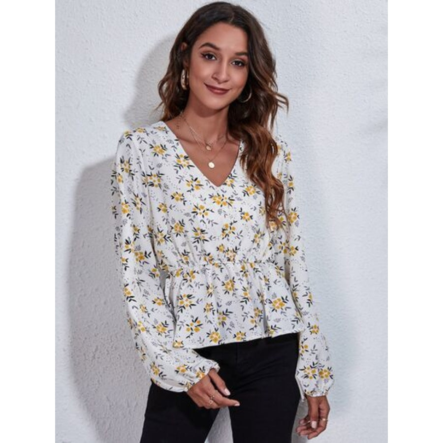 Floral V-Neck Balloon Sleeve Peplum Blouse Clothing