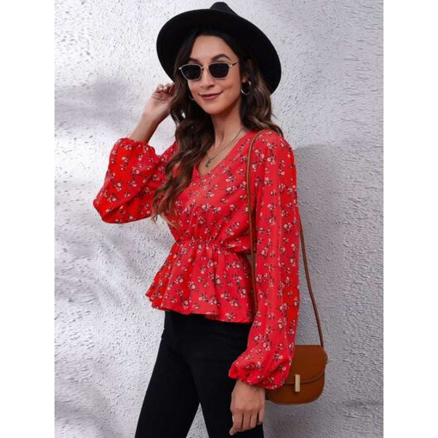 Floral V-Neck Balloon Sleeve Peplum Blouse Clothing