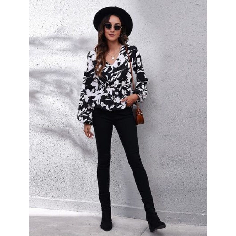 Floral V-Neck Balloon Sleeve Peplum Blouse Clothing