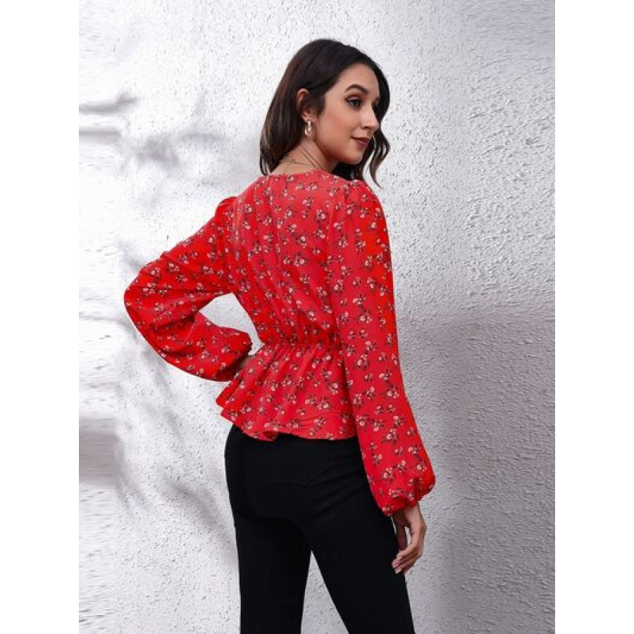 Floral V-Neck Balloon Sleeve Peplum Blouse Deep Red / S Clothing