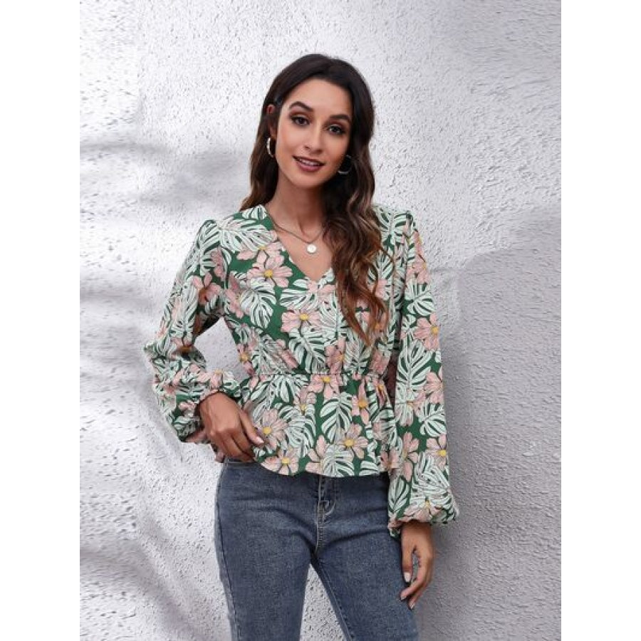 Floral V-Neck Balloon Sleeve Peplum Blouse Clothing