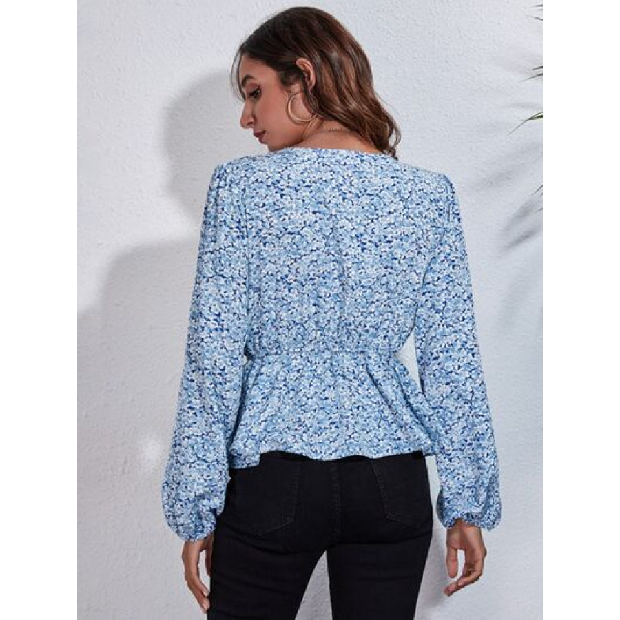 Floral V - Neck Balloon Sleeve Peplum Blouse Misty Blue / S Clothing