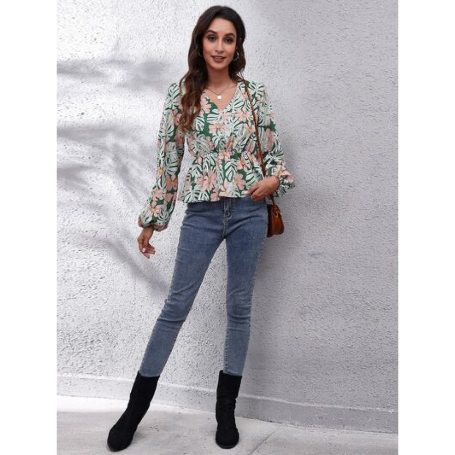 Floral V-Neck Balloon Sleeve Peplum Blouse Clothing