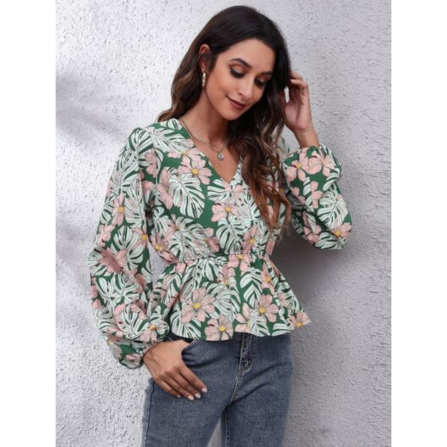 Floral V-Neck Balloon Sleeve Peplum Blouse Clothing