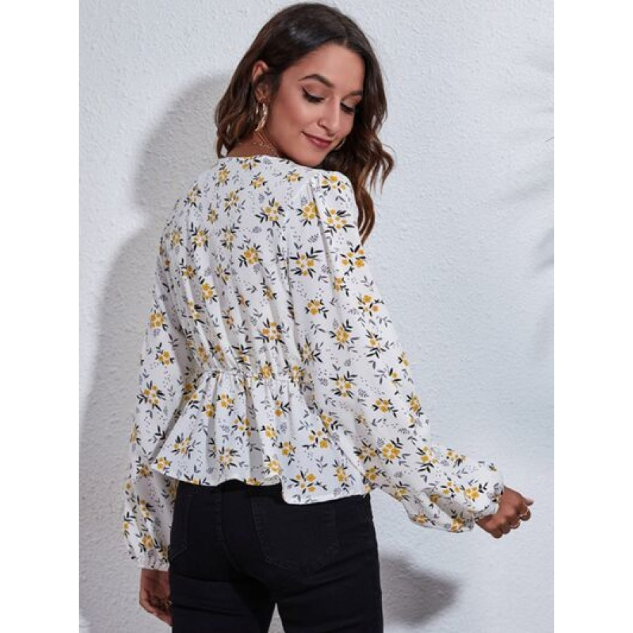 Floral V-Neck Balloon Sleeve Peplum Blouse Clothing